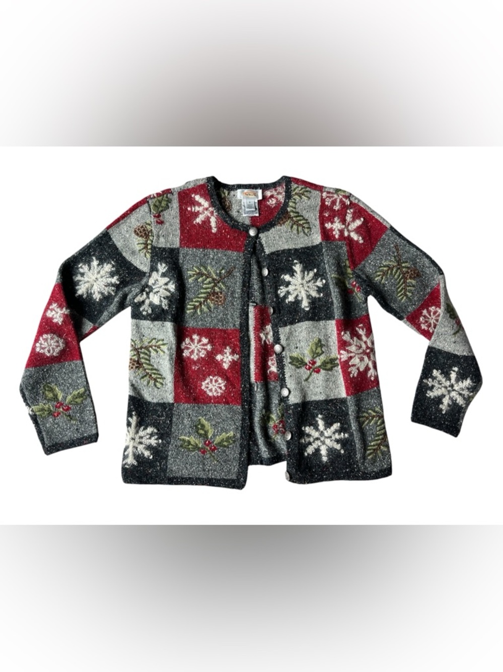 VINTAGE TALBOTS CARDIGAN PATCHWORK EMBROIDERED SWEATER WOOL BLEND WINTER TEACHER